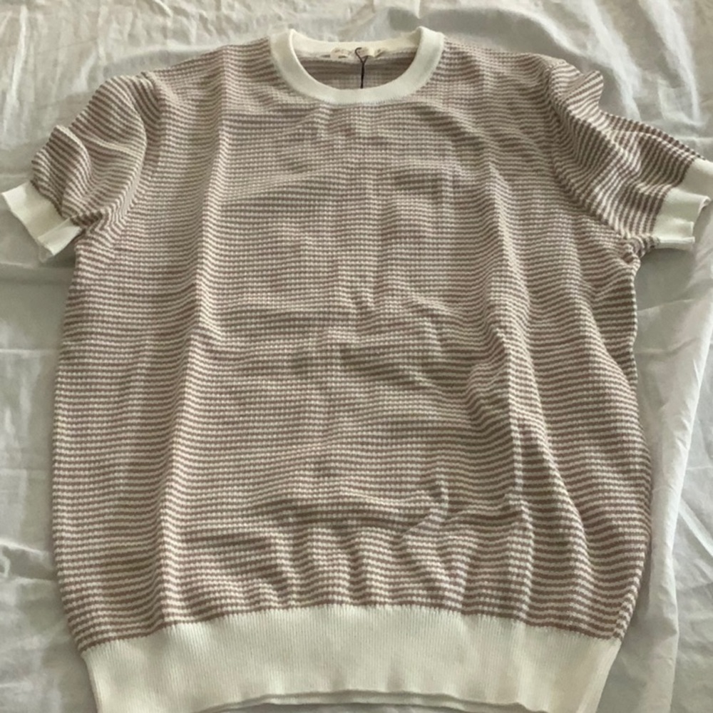 Suitsupply Cream and Light Brown Striped Short Sleeve Knit Tee